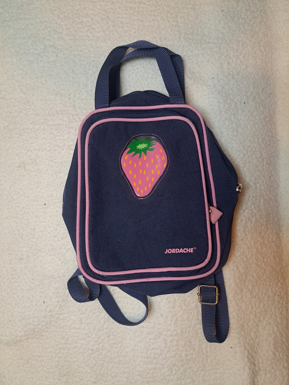 Vintage Jordache Kids Navy Mini Backpack with Pink Trim and Strawberry Patch